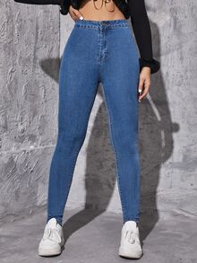 Flexra Jeans ajustados de talle alto - Azul lavado medio - Ver 7