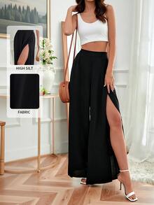 Breezaya Solid Split Thigh Pants Fall Cloth For Women - Black - View 1