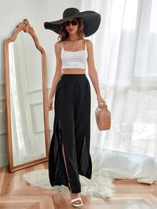 Breezaya Solid Split Thigh Pants Fall Cloth For Women - Black - View 6