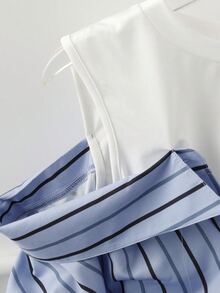Elenzga Casual Chic Commuting Daily Light Blue Striped Long Sleeve 2 In 1 Shirt, Women 2025 Autumn New Fashion Stylish Off-Shoulder Long Sleeve Blouse - Multicolor - View 6