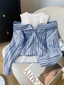 Elenzga Casual Chic Commuting Daily Light Blue Striped Long Sleeve 2 In 1 Shirt, Women 2025 Autumn New Fashion Stylish Off-Shoulder Long Sleeve Blouse - Multicolor - View 9
