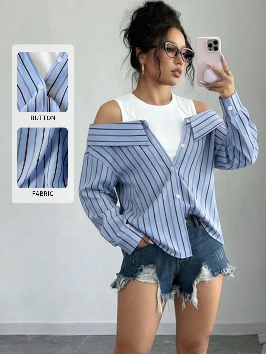 Elenzga Casual Chic Commuting Daily Light Blue Striped Long Sleeve 2 In 1 Shirt, Women 2025 Autumn New Fashion Stylish Off-Shoulder Long Sleeve Blouse - Multicolor - View 1