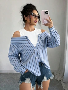 Elenzga Casual Chic Commuting Daily Light Blue Striped Long Sleeve 2 In 1 Shirt, Women 2025 Autumn New Fashion Stylish Off-Shoulder Long Sleeve Blouse - Multicolor - View 2