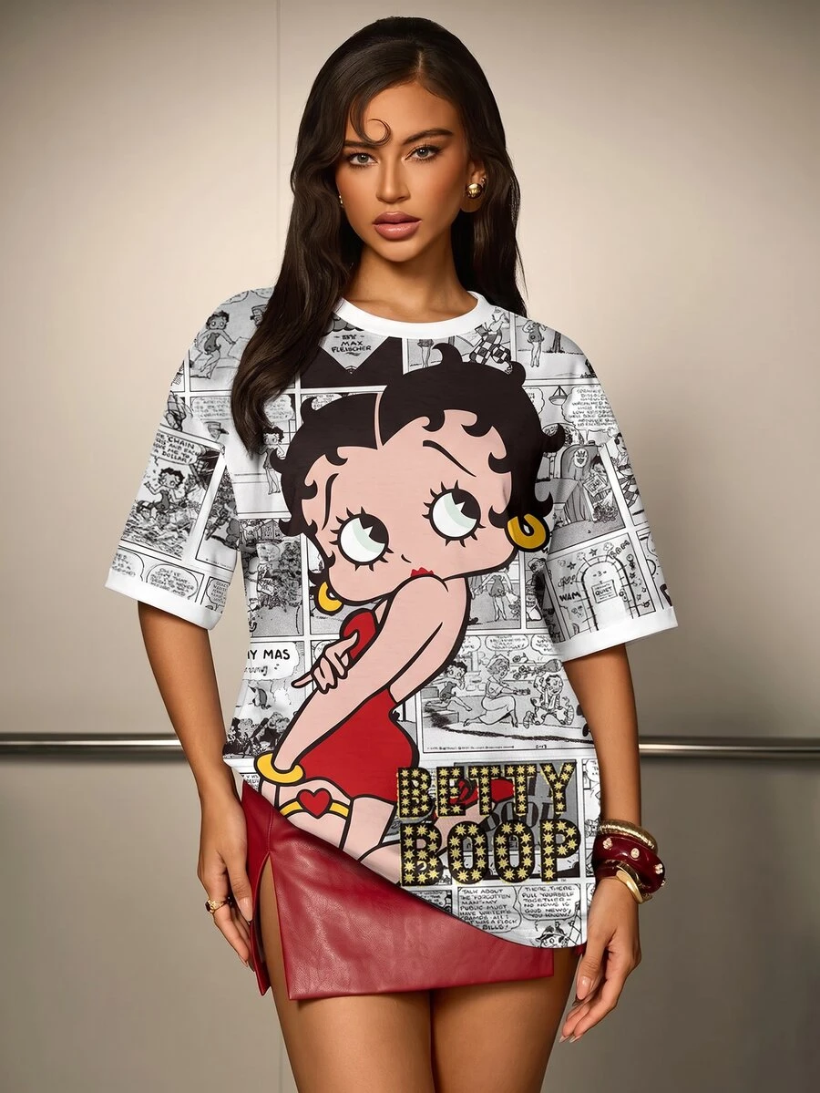Betty Boop x SHEIN Women's Cartoon Print Round Neck Short Sleeve Casual Versatile T-Shirt - White - View 1