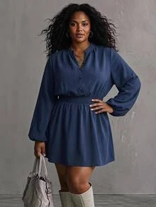 SHEIN CURVE+ Women's Plus Size Casual Elegant Autumn/Winter Daily Mid-Length Pleated Waist Dress Fall - Brown - View 5