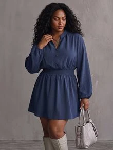 SHEIN CURVE+ Women's Plus Size Casual Elegant Autumn/Winter Daily Mid-Length Pleated Waist Dress Fall - Brown - View 4