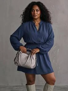 SHEIN CURVE+ Women's Plus Size Casual Elegant Autumn/Winter Daily Mid-Length Pleated Waist Dress Fall - Brown - View 2