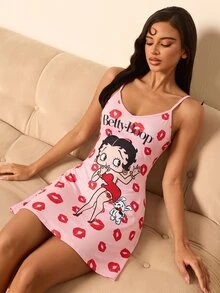 Betty Boop x SHEIN 女款字母卡通印花休閒日常居家細肩帶睡裙 - 粉色 - 查看 1