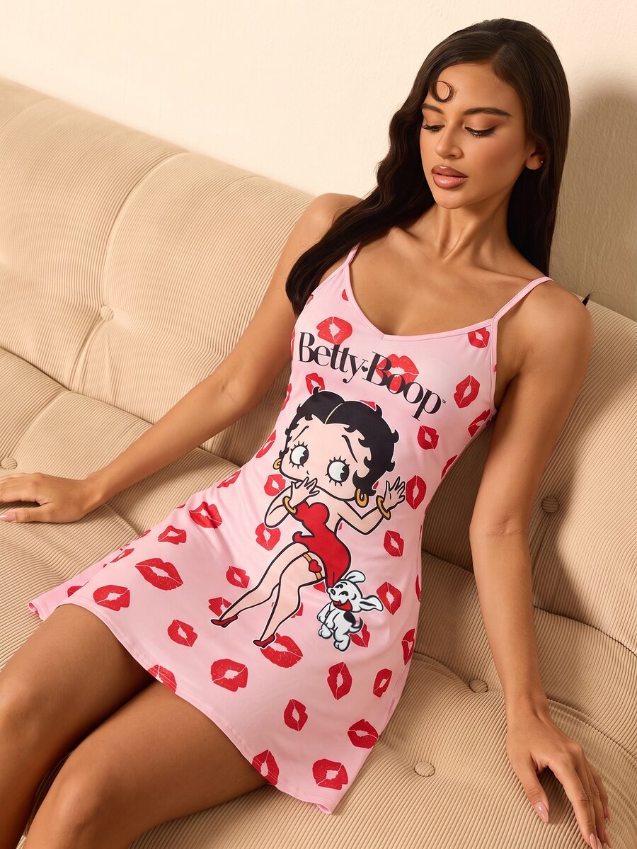 Betty Boop x SHEIN 女款字母卡通印花休閒日常居家細肩帶睡裙 - 粉色 - 查看 1