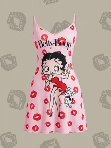 Betty Boop x SHEIN 女款字母卡通印花休閒日常居家細肩帶睡裙 - 粉色 - 查看 3