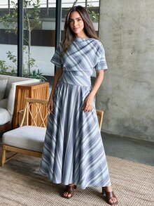 Alya Khalil Women's Elastic Waist Striped Pocket Casual Skirt - Blue - View 1