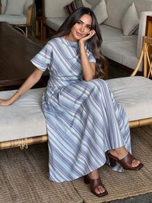 Alya Khalil Women's Elastic Waist Striped Pocket Casual Skirt - Blue - View 7
