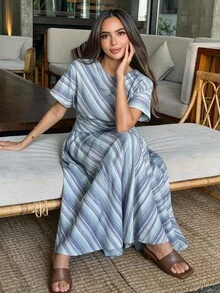Alya Khalil Women's Elastic Waist Striped Pocket Casual Skirt - Blue - View 4