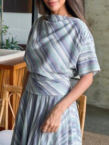 Alya Khalil Women's Elastic Waist Striped Pocket Casual Skirt - Blue - View 5