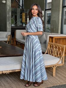 Alya Khalil Women's Elastic Waist Striped Pocket Casual Skirt - Blue - View 2