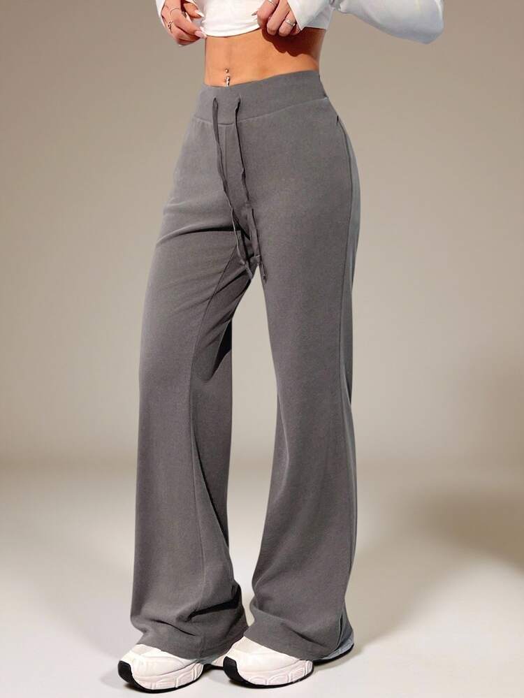 SHEIN Tall Women's Solid Color Drawstring Waist Casual & Versatile Flared Long Pants, Tall Women - Grey - View 1
