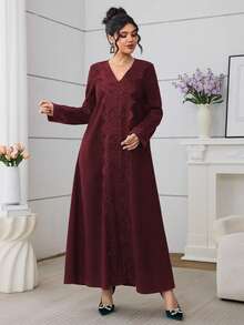Al Najma Olive Green Lace Trim Casual Everyday Arabic Style Dress For Women - Burgundy - View 6