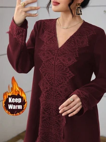 Al Najma Olive Green Lace Trim Casual Everyday Arabic Style Dress For Women - Burgundy - View 3