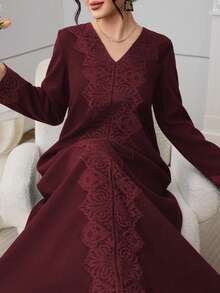 Al Najma Olive Green Lace Trim Casual Everyday Arabic Style Dress For Women - Burgundy - View 8