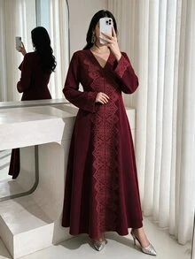 Al Najma Olive Green Lace Trim Casual Everyday Arabic Style Dress For Women - Burgundy - View 1