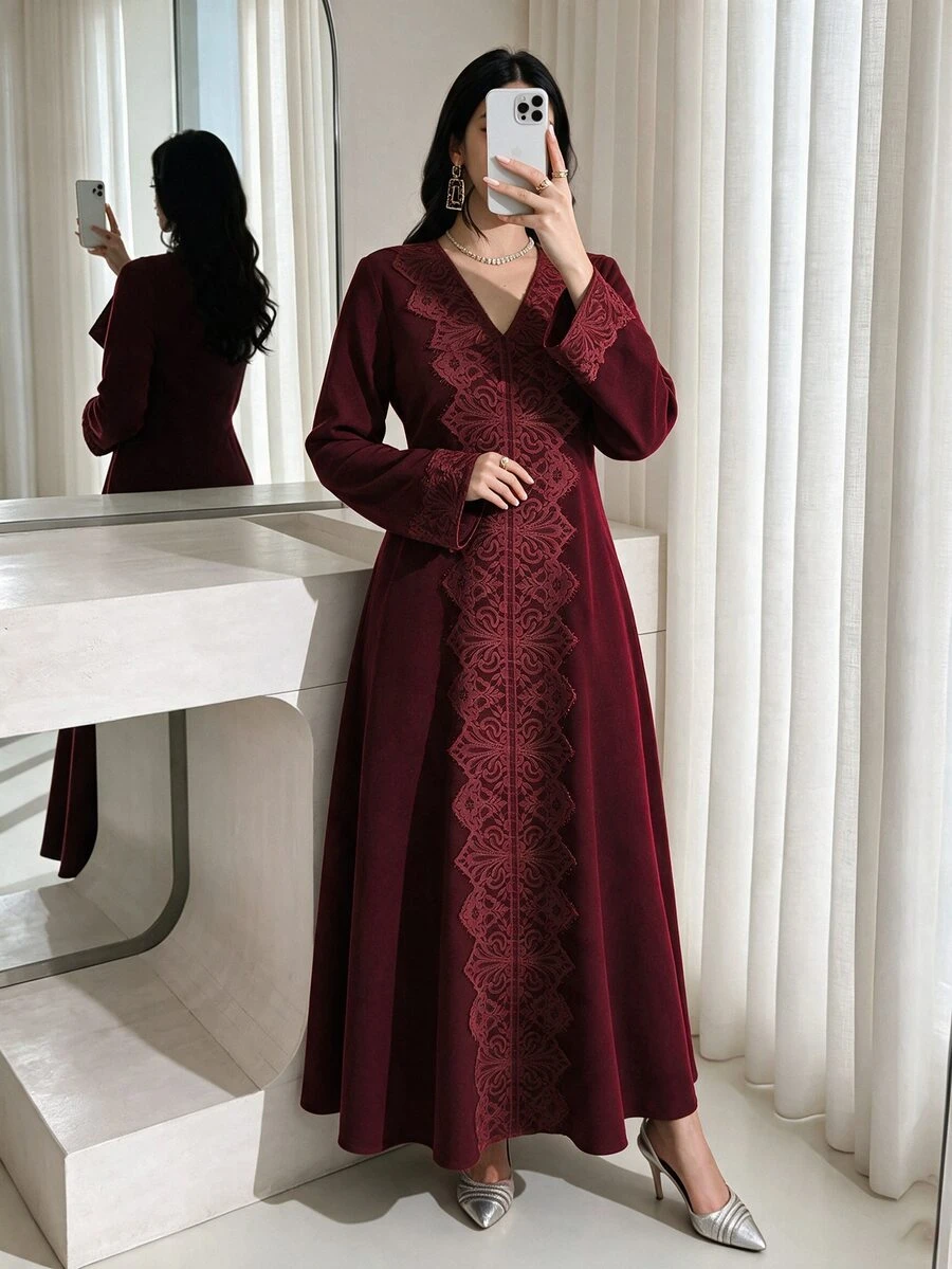 Al Najma Olive Green Lace Trim Casual Everyday Arabic Style Dress For Women - Burgundy - View 1