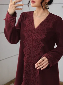 Al Najma Olive Green Lace Trim Casual Everyday Arabic Style Dress For Women - Burgundy - View 5