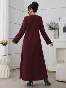 Al Najma Olive Green Lace Trim Casual Everyday Arabic Style Dress For Women - Burgundy - View 2