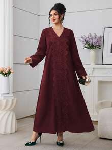 Al Najma Olive Green Lace Trim Casual Everyday Arabic Style Dress For Women - Burgundy - View 7