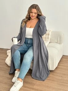 SHEIN CURVE+ Plus Size Women's Solid Color Casual Versatile Daily Wear Cardigan Fall - Dark Grey - View 6