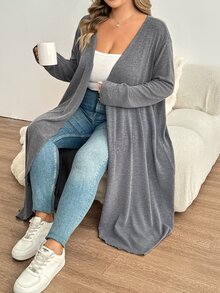 SHEIN CURVE+ Plus Size Women's Solid Color Casual Versatile Daily Wear Cardigan Fall - Dark Grey - View 5