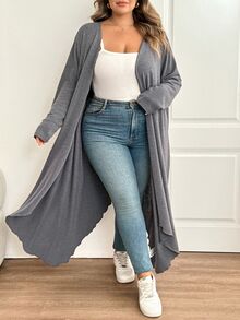 SHEIN CURVE+ Plus Size Women's Solid Color Casual Versatile Daily Wear Cardigan Fall - Dark Grey - View 4