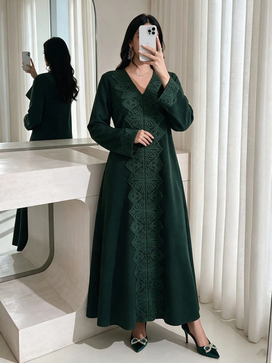 Al Najma 绿色蕾丝边休闲日常阿拉伯风格女式连衣裙 - 墨綠色 - 查看 1