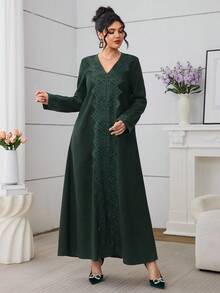 Al Najma 绿色蕾丝边休闲日常阿拉伯风格女式连衣裙 - 墨綠色 - 查看 9