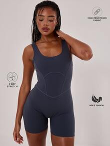 Musera Sport Seam Stitched Detail Racer Neck Sports Active-Wear Unitard Romper, Padel, Tennis, Pickleball Gym Fitness Yoga Pilates Daily Casual - Navy Blue - View 1