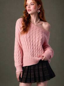 Elnivra Women's Asymmetrical Shoulder Long Sleeve Fashion Cable Knit Sweater - Baby Pink - View 5