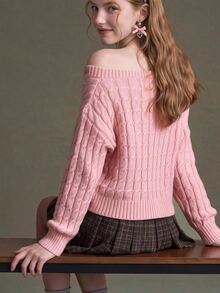 Elnivra Women's Asymmetrical Shoulder Long Sleeve Fashion Cable Knit Sweater - Baby Pink - View 4