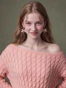 Elnivra Women's Asymmetrical Shoulder Long Sleeve Fashion Cable Knit Sweater - Baby Pink - View 6