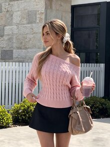 Elnivra Women's Asymmetrical Shoulder Long Sleeve Fashion Cable Knit Sweater - Baby Pink - View 8