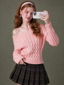 Elnivra Women's Asymmetrical Shoulder Long Sleeve Fashion Cable Knit Sweater - Baby Pink - View 3