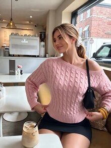 Elnivra Women's Asymmetrical Shoulder Long Sleeve Fashion Cable Knit Sweater - Baby Pink - View 1