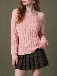 Elnivra Women's Asymmetrical Shoulder Long Sleeve Fashion Cable Knit Sweater - Baby Pink - View 7
