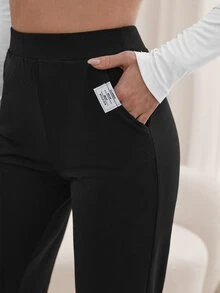 SHEIN Tall Slant Pocket Straight Leg Pants, Tall Women - Black - View 3