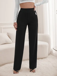 SHEIN Tall Slant Pocket Straight Leg Pants, Tall Women - Black - View 6