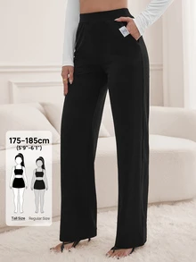 SHEIN Tall Slant Pocket Straight Leg Pants, Tall Women - Black - View 7