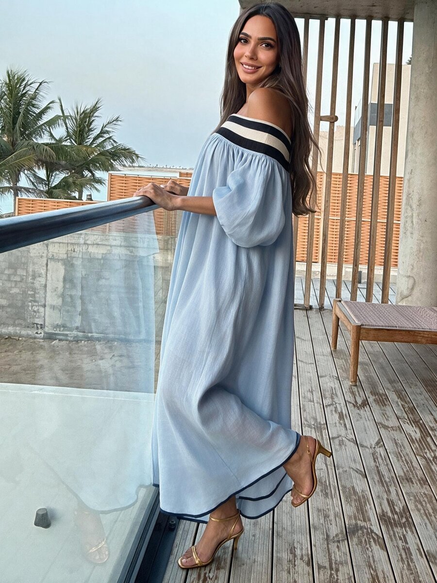 Alya Khalil Women's Vacation Striped Off-Shoulder Lantern Sleeve Loose Dress - Baby Blue - View 1