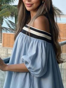 Alya Khalil Women's Vacation Striped Off-Shoulder Lantern Sleeve Loose Dress - Baby Blue - View 4