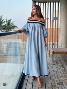 Alya Khalil Women's Vacation Striped Off-Shoulder Lantern Sleeve Loose Dress - Baby Blue - View 5