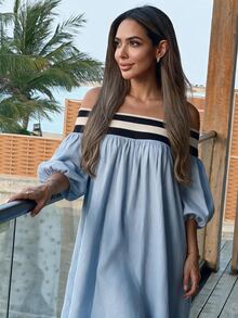 Alya Khalil Women's Vacation Striped Off-Shoulder Lantern Sleeve Loose Dress - Baby Blue - View 2