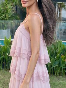 Alya Khalil Vestido de Primavera/Verano Nuevo de Gasa Fruncida con Encaje en Contraste, Tirantes Ajustables y Espalda Descubierta - Rosa Pálido - Ver 5