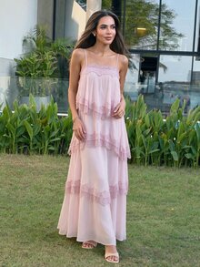 Alya Khalil Vestido de Primavera/Verano Nuevo de Gasa Fruncida con Encaje en Contraste, Tirantes Ajustables y Espalda Descubierta - Rosa Pálido - Ver 6